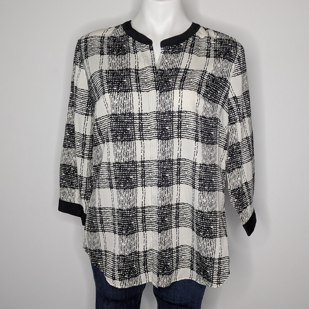 NWT Antilia Femme Black White Plaid Button Up Blouse L